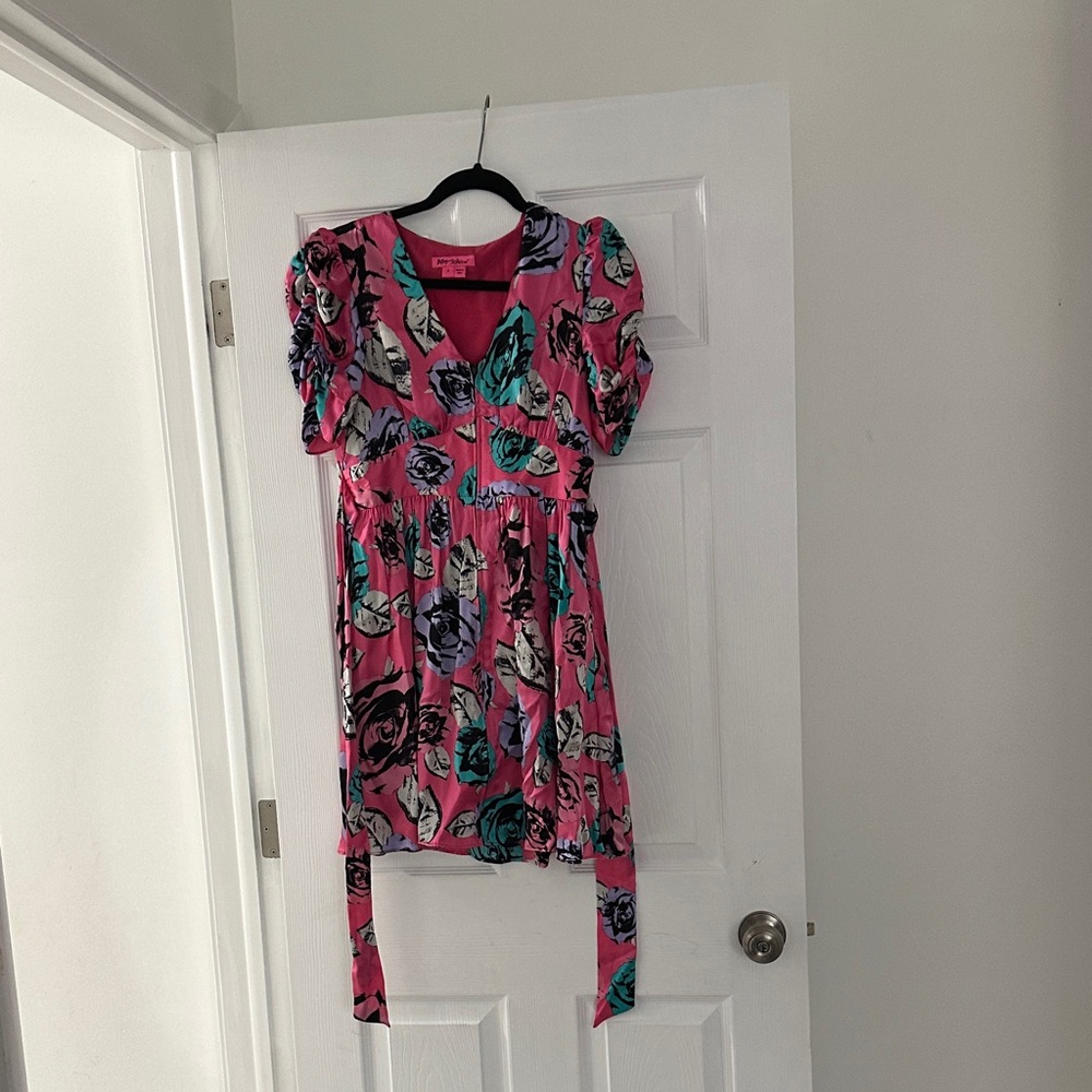 Betsey Johnson Pink Floral V-Neck Dress with Teal & Purple Accents
